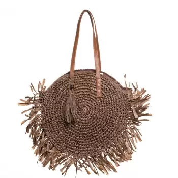 Geanta shopper circulara mare impletita, cu franjuri mari decorativi, maro imagine