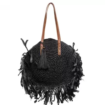 Geanta shopper circulara mare impletita, cu franjuri mari decorativi, neagra imagine