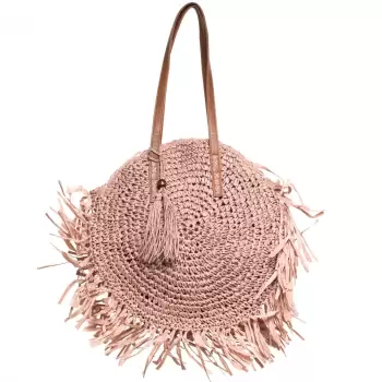 Geanta shopper circulara mare impletita, cu franjuri mari decorativi, roz prafuit imagine