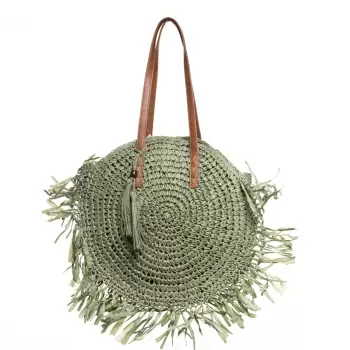 Geanta shopper circulara mare impletita, cu franjuri mari decorativi, verde prafuit imagine