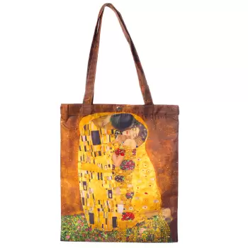 Geanta shopper din material satinat textil, imprimeu inspirat dupa pictura Sarutul a celebrului Gustav Klimt imagine