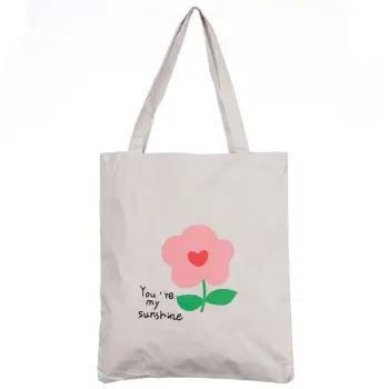 Geanta shopper din material textil, cu imprimeu floare si mesaj You re my sunshine imagine