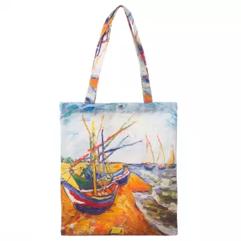 Geanta shopper din material textil, cu imprimeu inspirat din pictura Barci pe plaja a lui Vincent Van Gogh imagine