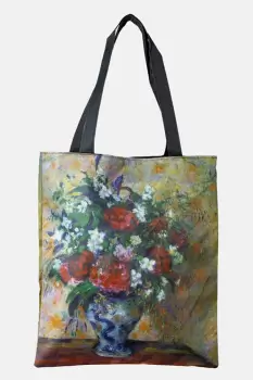 Geanta shopper din material textil, cu imprimeu inspirat dintr-o pictura cu flori albe si rosii imagine