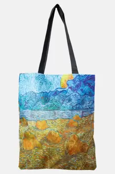 Geanta shopper din material textil, cu imprimeu inspirat dintr-o pictura cu lanuri muncite a lui Van Gogh imagine