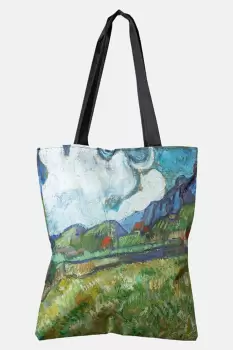 Geanta shopper din material textil, cu imprimeu inspirat dintr-o pictura cu peisaj campenesc al lui Van Gogh imagine