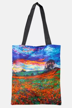 Geanta shopper din material textil, cu imprimeu inspirat dintr-o pictura cu peisaj cu maci imagine
