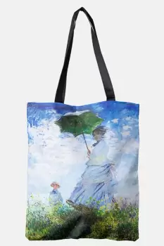 Geanta shopper din material textil, cu reproducere dupa Claude Monet Femeia cu umberala de soare imagine
