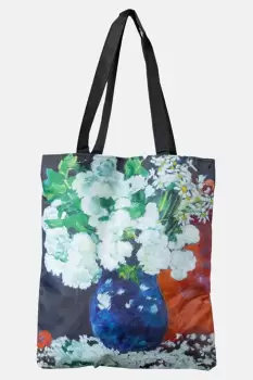 Geanta shopper din material textil, dupa o pictura cu flori albe in vaza imagine