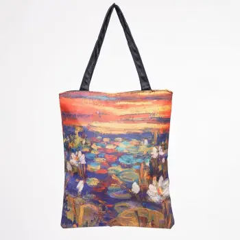 Geanta shopper din material textil, imprimata cu reproducere dupa o pictura celebra cu nuferi imagine