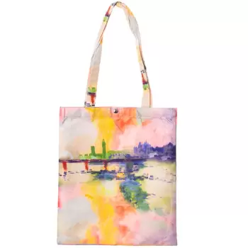Geanta shopper din material textil, imprimeu inspirat dintr-un peisaj al unui lac imagine