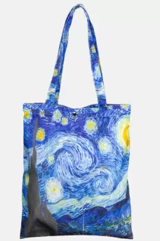 Geanta shopper din material textil satinat, cu imprimeu inspirat din pictura Noapte Instelata a lui Vincent Van Gogh imagine