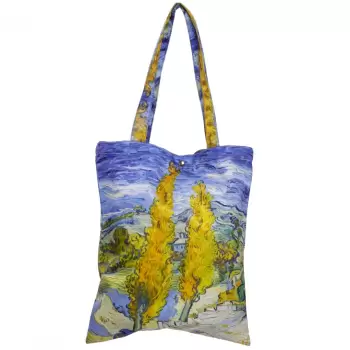 Geanta shopper din material textil satinat, cu imprimeu inspirat dintr-o pictura cu chiparosi a lui Van Gogh imagine