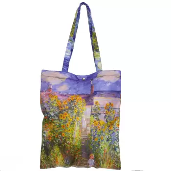 Geanta shopper din material textil satinat, cu imprimeu peisaj marin cu far si copil imagine