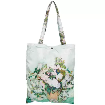 Geanta shopper din material textil satinat, cu reproducere dupa Vaza cu trandafiri albi de Van Gogh imagine