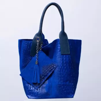 Geanta shopper din piele intoarsa naturala, albastru electric imagine
