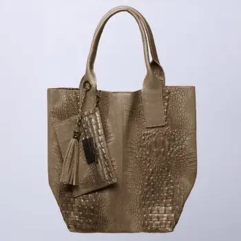 Geanta shopper din piele intoarsa naturala, bej inchis imagine