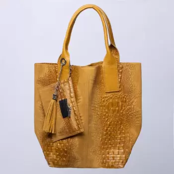 Geanta shopper din piele intoarsa naturala, galben mustar imagine