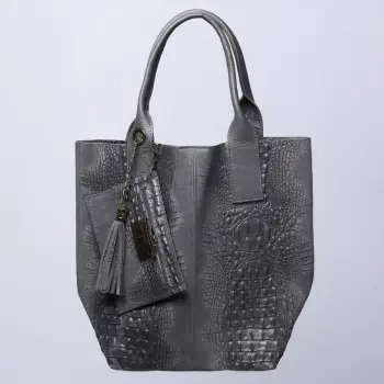 Geanta shopper din piele intoarsa naturala, gri inchis imagine