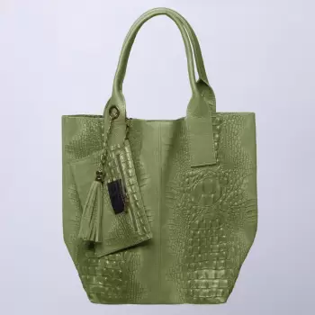 Geanta shopper din piele intoarsa naturala, verde olive imagine