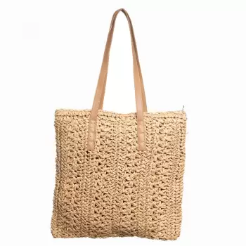 Geanta shopper impletita cu manere din piele ecologica, bej inchis imagine
