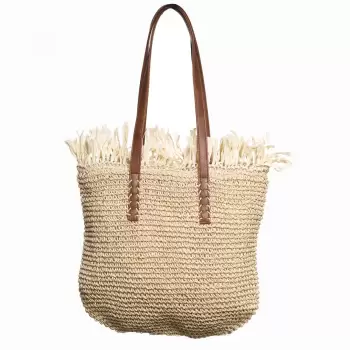Geanta shopper impletita cu manere din piele ecologica si franjuri decorativi in partea de sus, bej deschis imagine