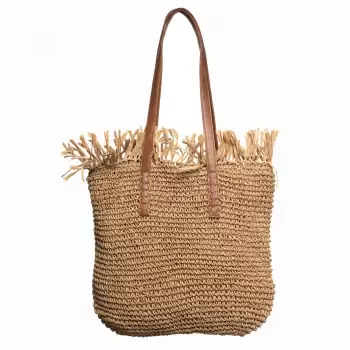 Geanta shopper impletita cu manere din piele ecologica si franjuri decorativi in partea de sus, bej inchis imagine