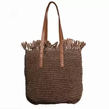 Geanta shopper impletita cu manere din piele ecologica si franjuri decorativi in partea de sus, maro imagine
