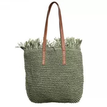 Geanta shopper impletita cu manere din piele ecologica si franjuri decorativi in partea de sus, verde prafuit imagine