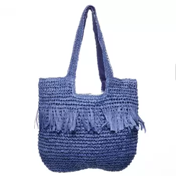 Geanta shopper impletita cu manere late si franjuri, bleumarin imagine