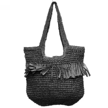 Geanta shopper impletita cu manere late si franjuri, neagra imagine