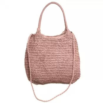 Geanta shopper impletita cu manere si bareta de umar din acelasi material, roz prafuit imagine