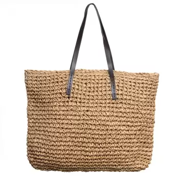 Geanta shopper impletita cu ochiuri mari si manere din piele ecologica, bej inchis imagine