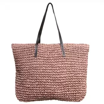 Geanta shopper impletita cu ochiuri mari si manere din piele ecologica, roz prafuit imagine