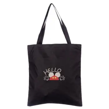 Geanta shopper neagra din material textil, cu imprimeu grafic Hello soricel imagine