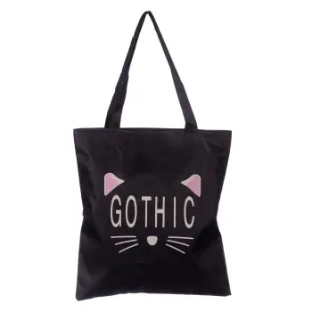 Geanta shopper neagra din material textil, cu imprimeu grafic pisica Gothic imagine