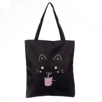 Geanta shopper neagra din material textil, cu imprimeu grafic pisicuta cu roz imagine
