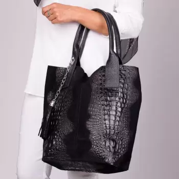 Geanta shopper neagra din piele intoarsa naturala imagine