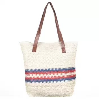 Geanta shopper tricolora impletita, bej deschis cu dungi bleumarin si rosii imagine