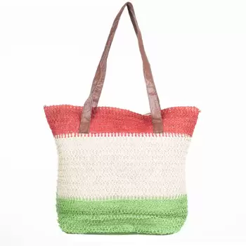 Geanta shopper tricolora impletita, verde, bej si rosu inchis imagine