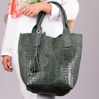Geanta shopper verde din piele intoarsa naturala imagine