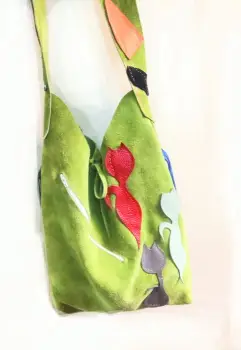 Geanta tip sac ,din piele naturala intoarsa  olive  ,cu pisicute imagine