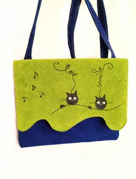 Geanta unicat handmade  cu pisicute ,din piele naturala olive si albastru electric imagine