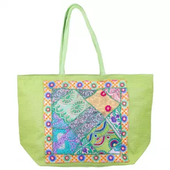 Geanta verde din material textil natural tip sac, cu aplicatie unicat, brodata manual imagine