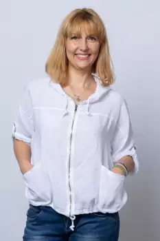 Hanorac alb din in cu fermoar metalic si gluga imagine