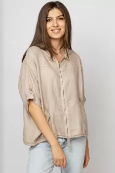 Hanorac bej din in cu fermoar metalic si gluga imagine