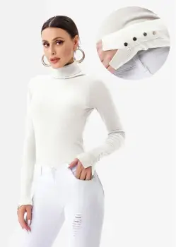 Helanca pulover cu guler inalt si nasturei pe maneca, alba imagine