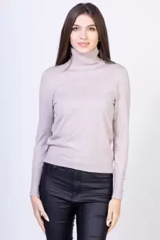 Helanca pulover cu guler inalt si nasturei pe maneca, cu cashmere, bej imagine