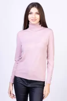 Helanca pulover cu guler inalt si nasturei pe maneca, cu cashmere, roz imagine