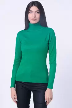Helanca pulover cu guler inalt si nasturei pe maneca, cu cashmere, verde smarald imagine